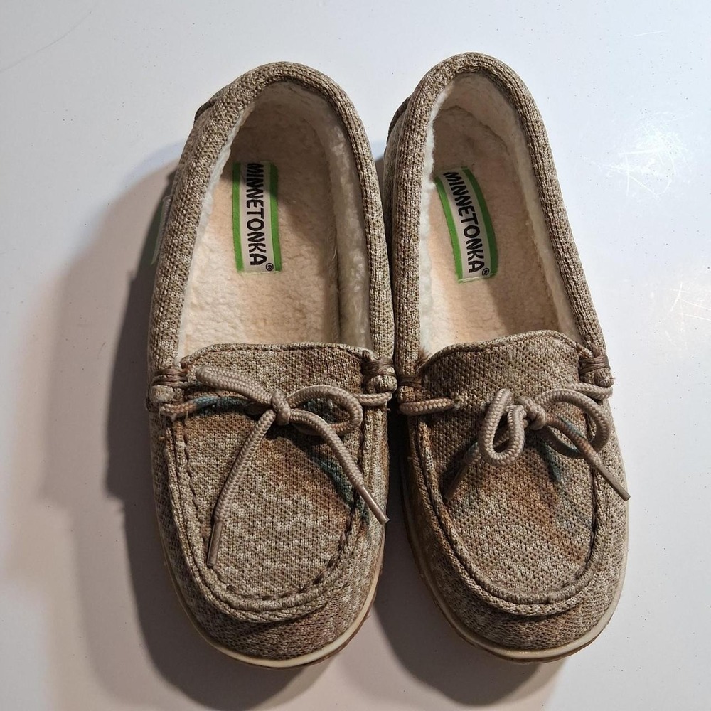 Womens Minnetonka brown canvas boat shoes fleece Lined winter warm casual
